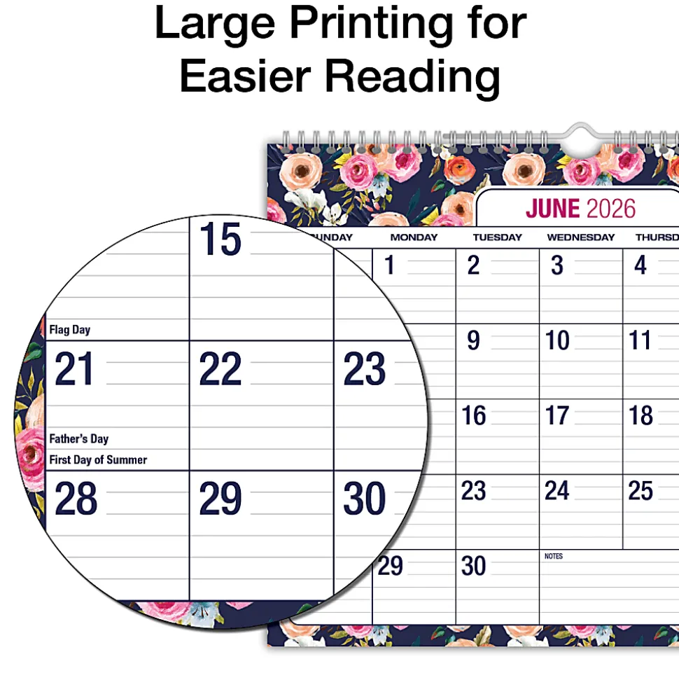 2026-2027 Excello Brands Academic Year Large Print Wall Calendar, 15" x 12", Navy Floral, April To December, Total Qty 1