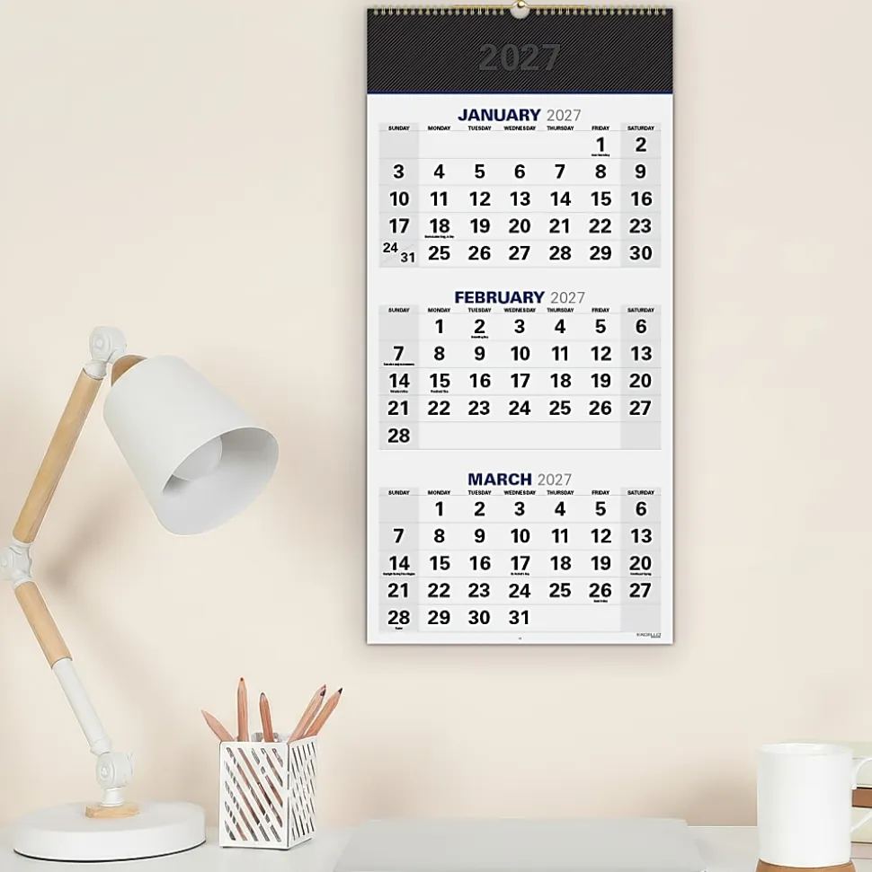 2026-2027 Excello Brands Academic Year Large Print 3-Month View Wall Calendar, 27" x 13", Black, April To December, Total Qty 1