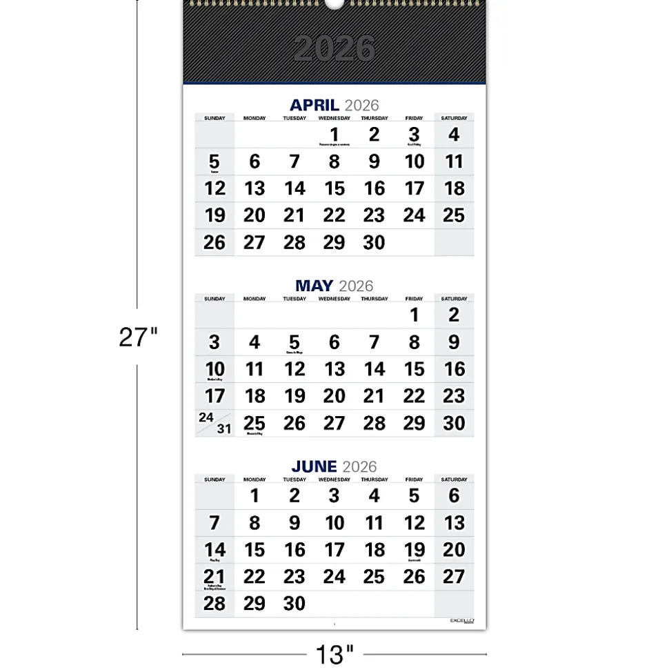 2026-2027 Excello Brands Academic Year Large Print 3-Month View Wall Calendar, 27" x 13", Black, April To December, Total Qty 1
