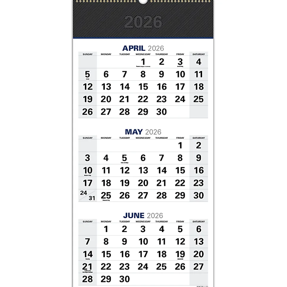 2026-2027 Excello Brands Academic Year Large Print 3-Month View Wall Calendar, 27" x 13", Black, April To December, Total Qty 1