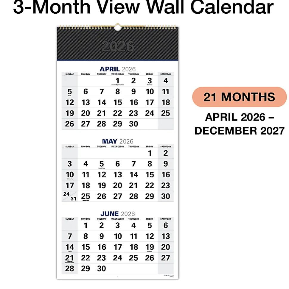 2026-2027 Excello Brands Academic Year Large Print 3-Month View Wall Calendar, 27" x 13", Black, April To December, Total Qty 1