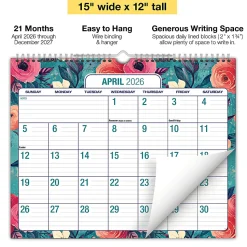 2026-2027 Excello Brands Academic Year Large Print Wall Calendar, 15" x 12", Teal Floral, April To December, Total Qty 1