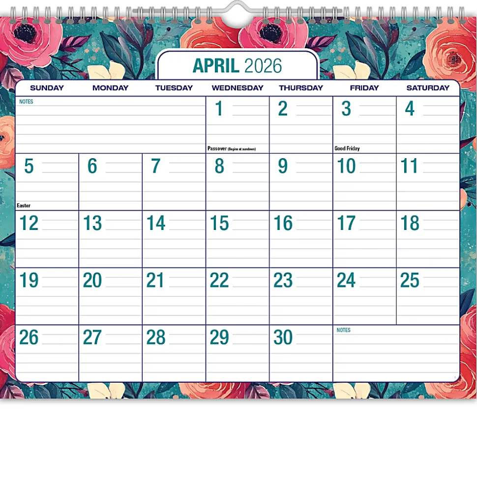 2026-2027 Excello Brands Academic Year Large Print Wall Calendar, 15" x 12", Teal Floral, April To December, Total Qty 1