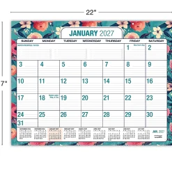2026-2027 Excello Brands Academic Year Large Print Desk Pad Calendar, 22" x 17", Teal Floral, April To December, Total Qty 1