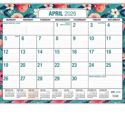 2026-2027 Excello Brands Academic Year Large Print Desk Pad Calendar, 22" x 17", Teal Floral, April To December, Total Qty 1