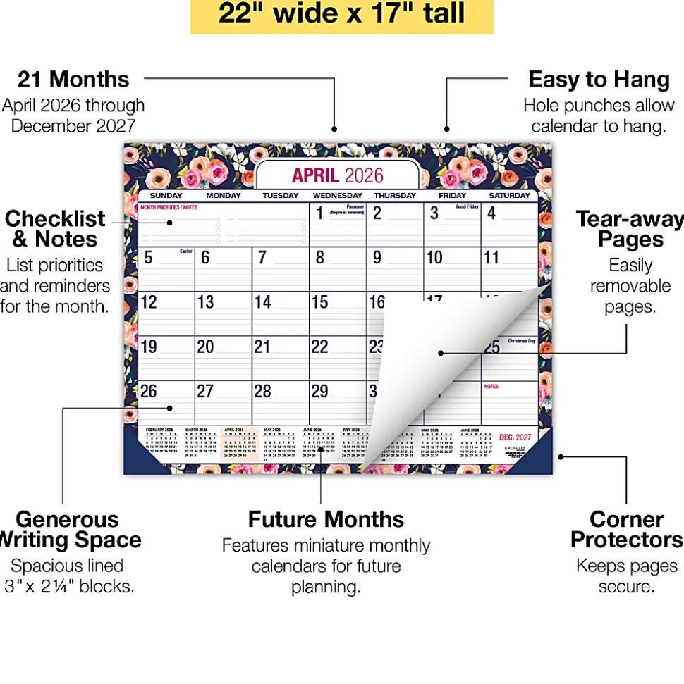 2026-2027 Excello Brands Academic Year Large Print Desk Pad Calendar, 22" x 17", Navy Floral, April To December, Total Qty 1