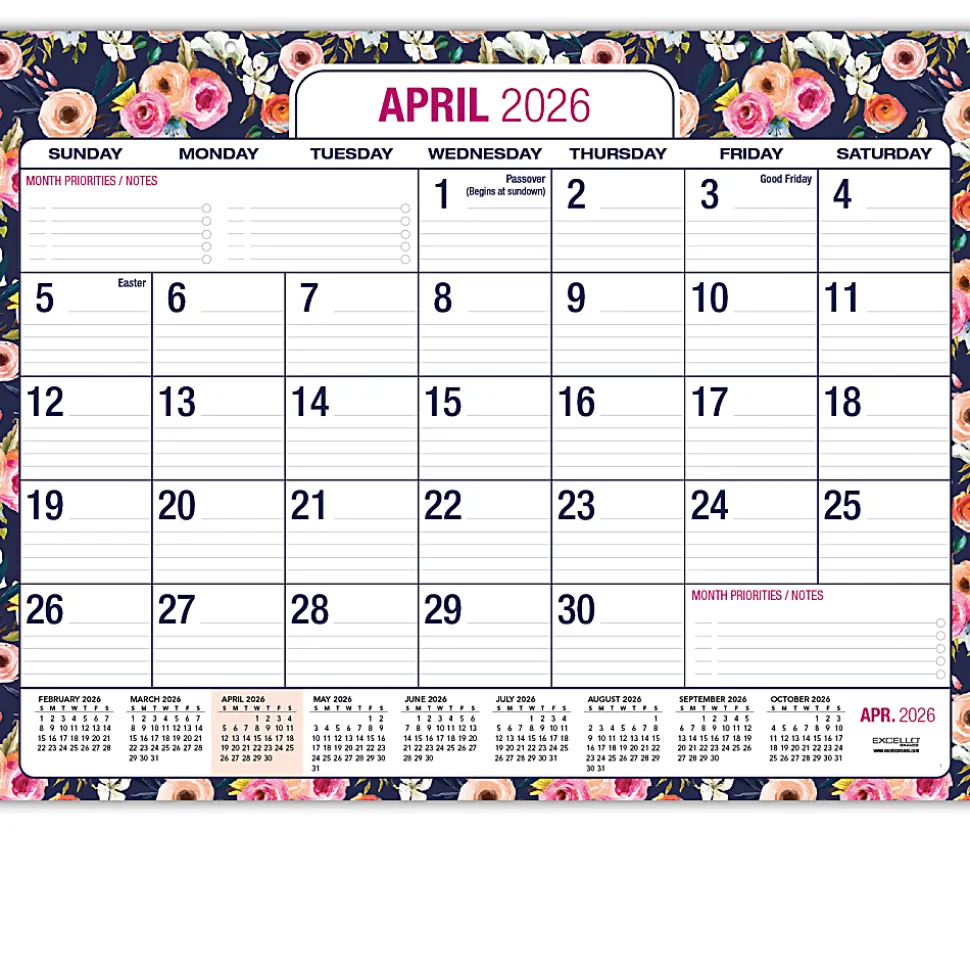 2026-2027 Excello Brands Academic Year Large Print Desk Pad Calendar, 22" x 17", Navy Floral, April To December, Total Qty 1