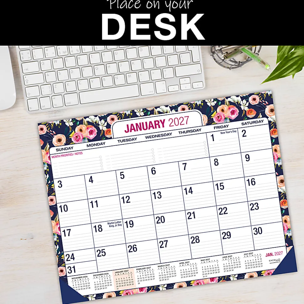 2026-2027 Excello Brands Academic Year Large Print Desk Pad Calendar, 22" x 17", Navy Floral, April To December, Total Qty 1