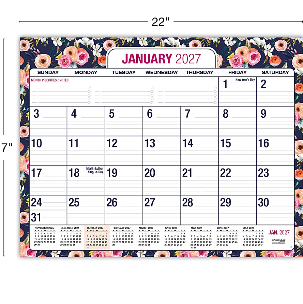 2026-2027 Excello Brands Academic Year Large Print Desk Pad Calendar, 22" x 17", Navy Floral, April To December, Total Qty 1