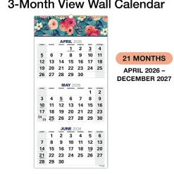 2026-2027 Excello Brands Academic Year Large Print 3-Month View Wall Calendar, 27" x 13", Teal Floral, April To December, Total Qty 1