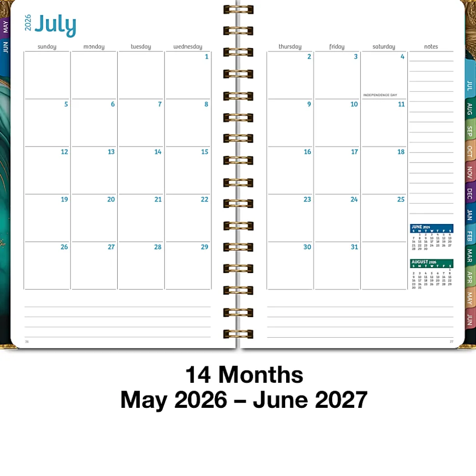 2026-2027 Excello Brands 14-Month Academic Year Hardcover Weekly/Monthly Fashion Planner, 5-1/2" x 8", Teal Gold Marble, May To June, Total Qty 1