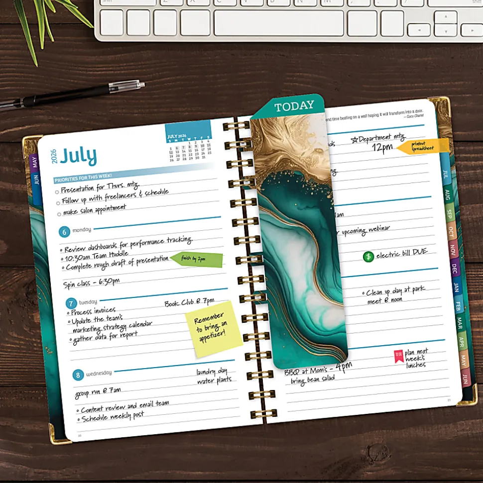 2026-2027 Excello Brands 14-Month Academic Year Hardcover Weekly/Monthly Fashion Planner, 5-1/2" x 8", Teal Gold Marble, May To June, Total Qty 1