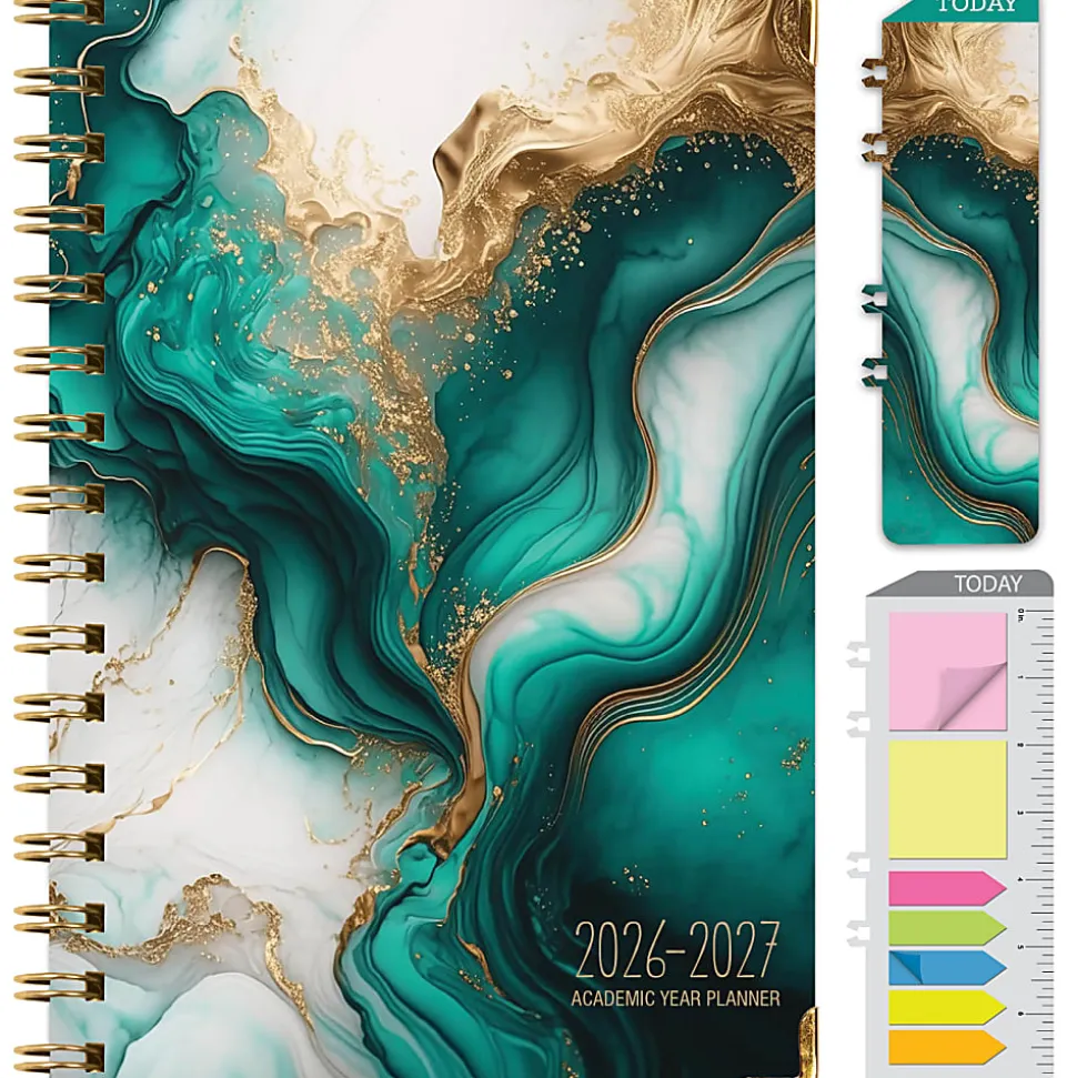 2026-2027 Excello Brands 14-Month Academic Year Hardcover Weekly/Monthly Fashion Planner, 5-1/2" x 8", Teal Gold Marble, May To June, Total Qty 1