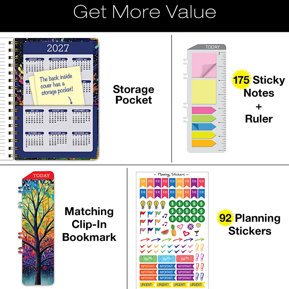 2026-2027 Excello Brands 14-Month Academic Year Hardcover Weekly/Monthly Fashion Planner, 5-1/2" x 8", Black Tree Seasons, May To June, Total Qty 1