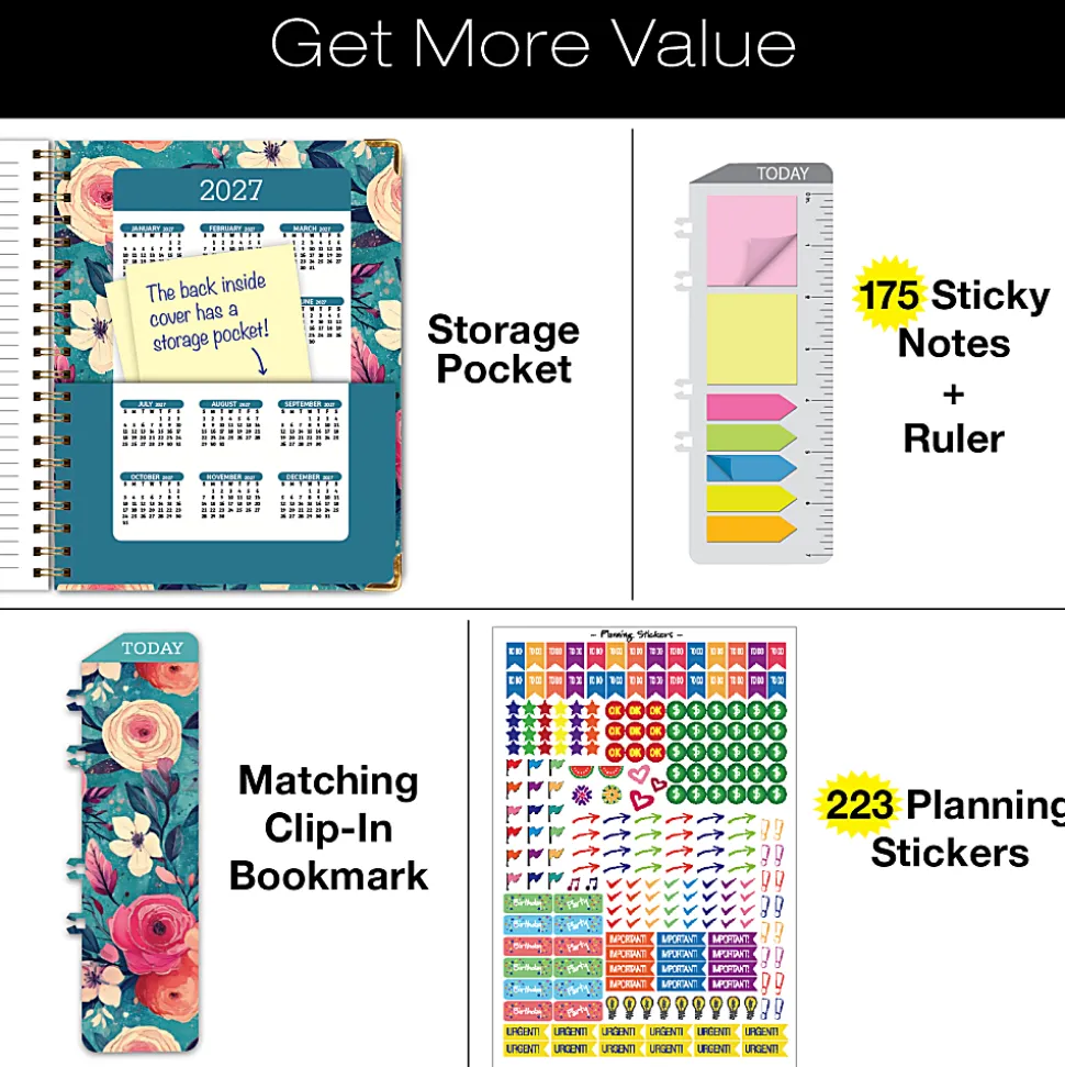 2026-2027 Excello Brands 14-Month Academic Year Hardcover Weekly/Monthly Fashion Planner, 8-1/2" x 11", Teal Floral, May To June, Total Qty 1