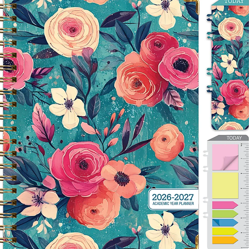 2026-2027 Excello Brands 14-Month Academic Year Hardcover Weekly/Monthly Fashion Planner, 8-1/2" x 11", Teal Floral, May To June, Total Qty 1