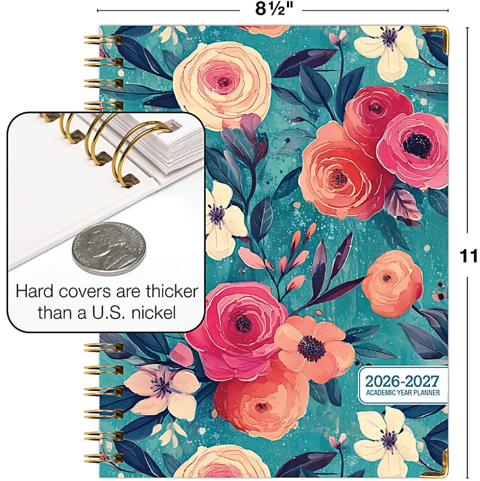 2026-2027 Excello Brands 14-Month Academic Year Hardcover Weekly/Monthly Fashion Planner, 8-1/2" x 11", Teal Floral, May To June, Total Qty 1