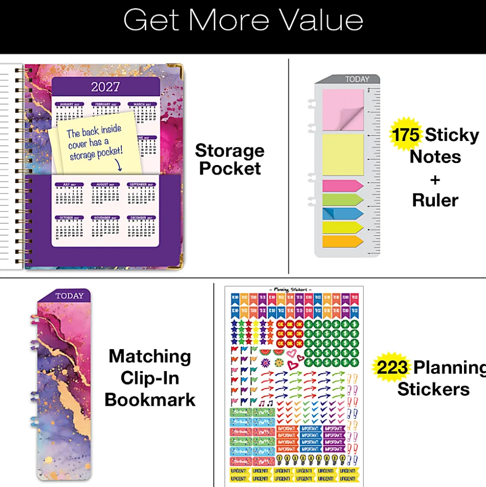 2026-2027 Excello Brands 14-Month Academic Year Hardcover Weekly/Monthly Fashion Planner, 8-1/2" x 11", Rainbow Gold Marble, May To June, Total Qty 1