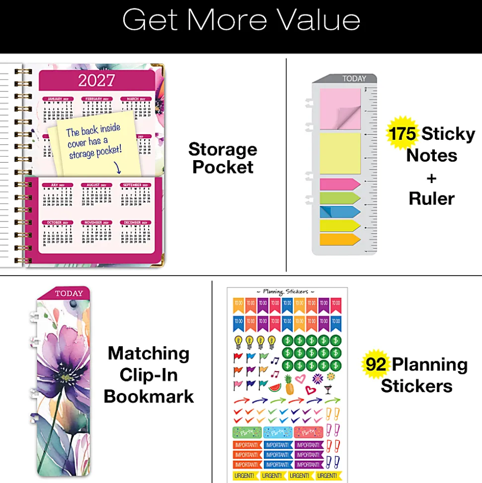 2026-2027 Excello Brands 14-Month Academic Year Hardcover Weekly/Monthly Fashion Planner, 5-1/2" x 8", Rainbow Floral, May To June, Total Qty 1