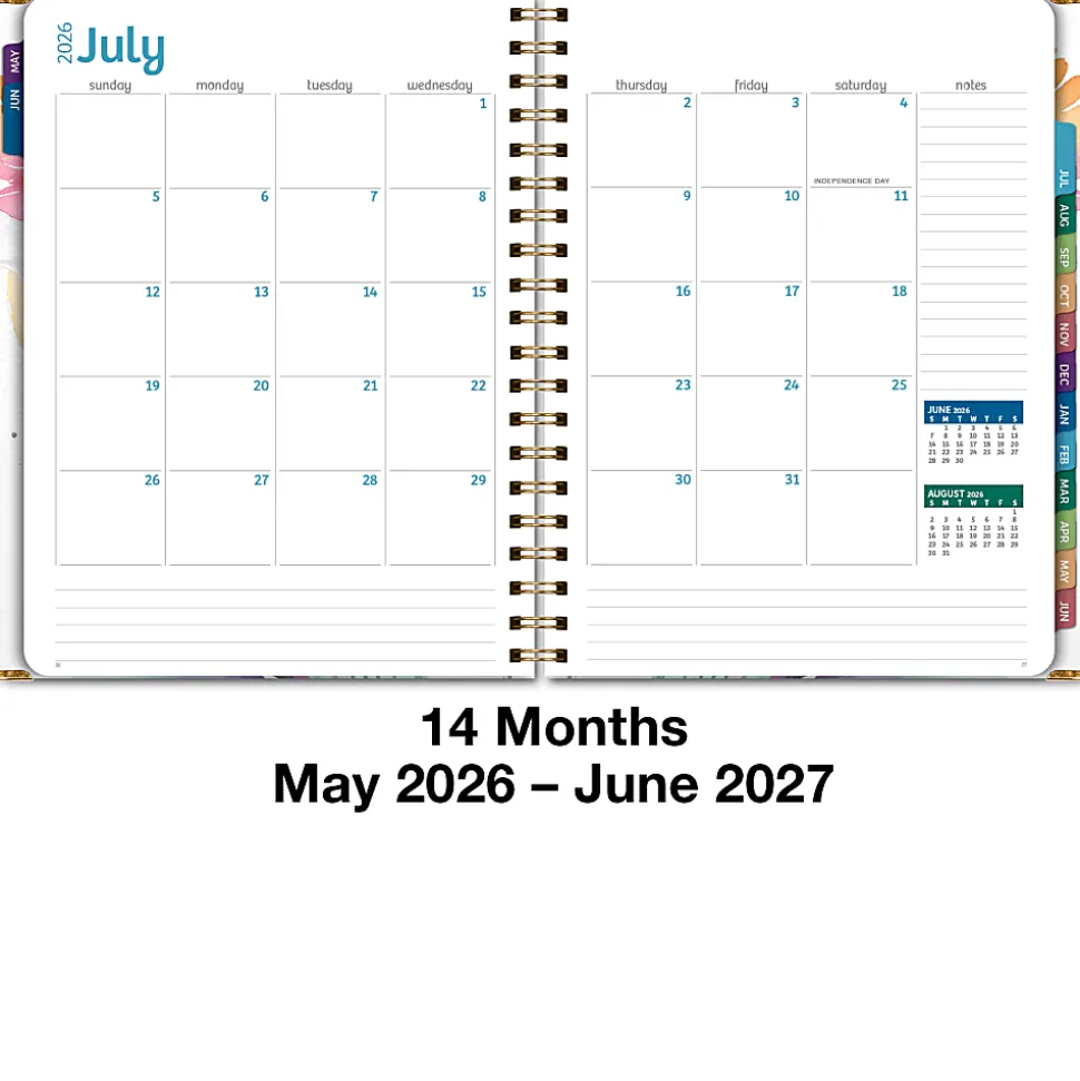 2026-2027 Excello Brands 14-Month Academic Year Hardcover Weekly/Monthly Fashion Planner, 8-1/2" x 11", Rainbow Floral, May To June, Total Qty 1