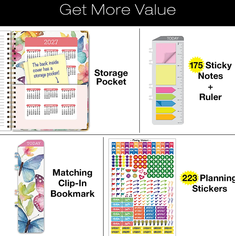 Excello Brands 2026-2027 14-Month Academic Hardcover Weekly/Monthly Fashion Planner, 8-1/2" x 11", Watercolor Butterflies, May-June, FSHNAY26851133