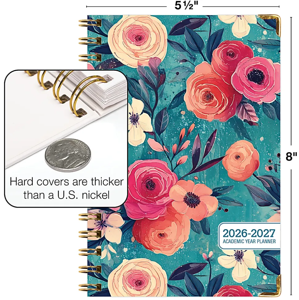 2026-2027 Excello Brands 14-Month Academic Year Hardcover Weekly/Monthly Fashion Planner, 5-1/2" x 8", Teal Floral, May To June, Total Qty 1