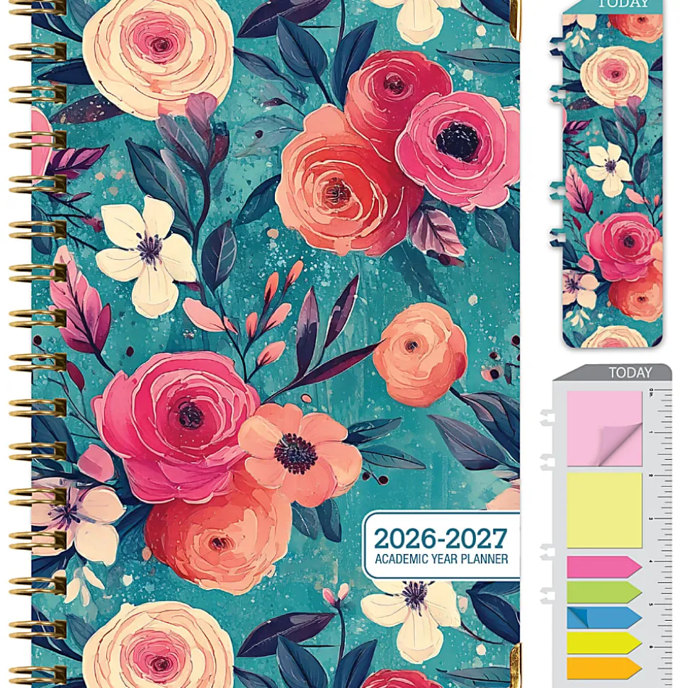 2026-2027 Excello Brands 14-Month Academic Year Hardcover Weekly/Monthly Fashion Planner, 5-1/2" x 8", Teal Floral, May To June, Total Qty 1
