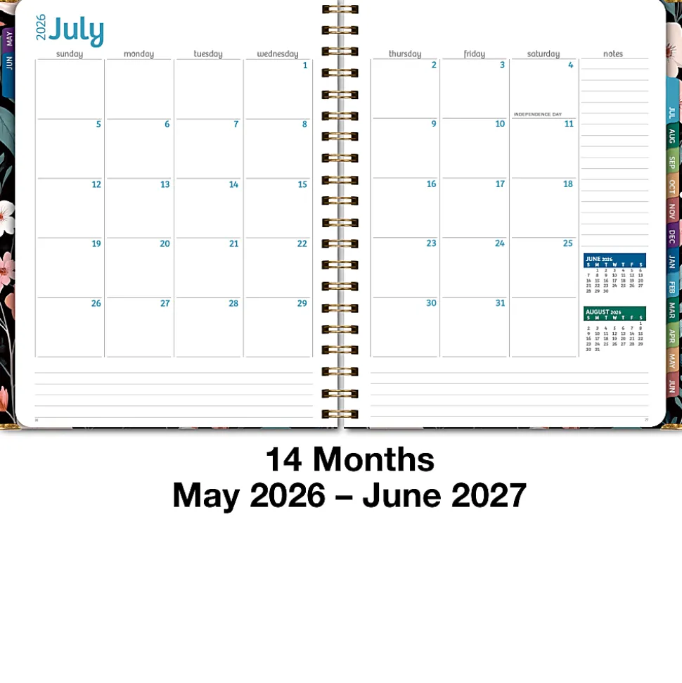 2026-2027 Excello Brands 14-Month Academic Year Hardcover Weekly/Monthly Fashion Planner, 8-1/2" x 11", Black Floral Pink, May To June, Total Qty 1