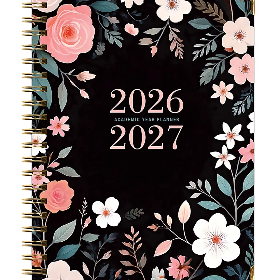 2026-2027 Excello Brands 14-Month Academic Year Hardcover Weekly/Monthly Fashion Planner, 8-1/2" x 11", Black Floral Pink, May To June, Total Qty 1