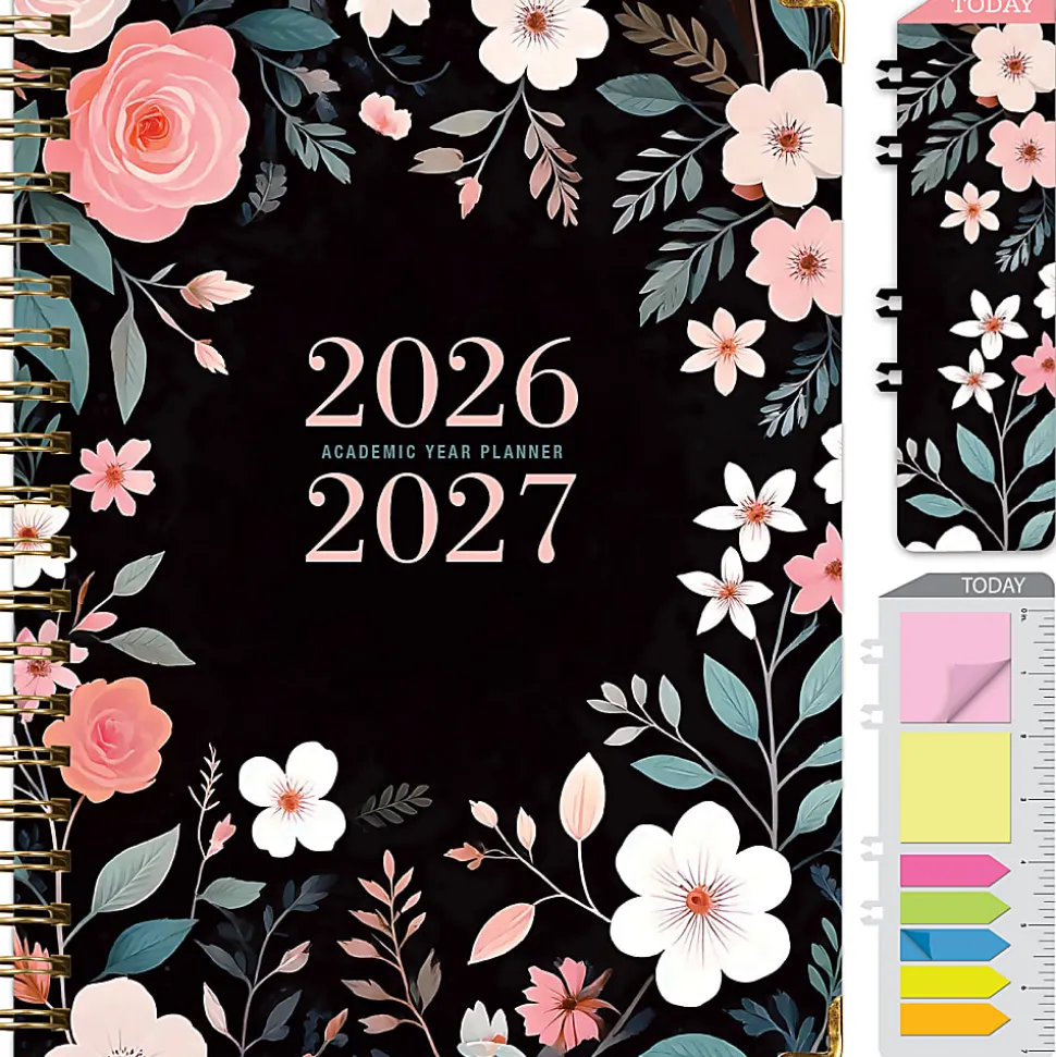 2026-2027 Excello Brands 14-Month Academic Year Hardcover Weekly/Monthly Fashion Planner, 8-1/2" x 11", Black Floral Pink, May To June, Total Qty 1