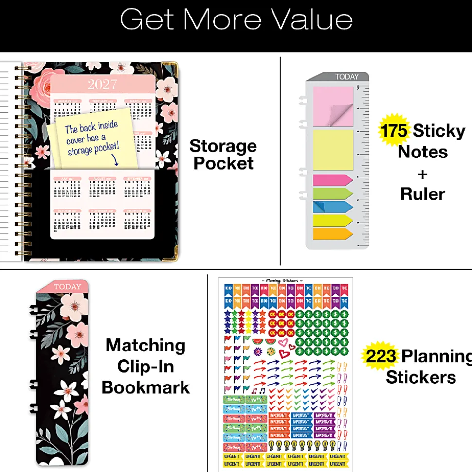 2026-2027 Excello Brands 14-Month Academic Year Hardcover Weekly/Monthly Fashion Planner, 8-1/2" x 11", Black Floral Pink, May To June, Total Qty 1