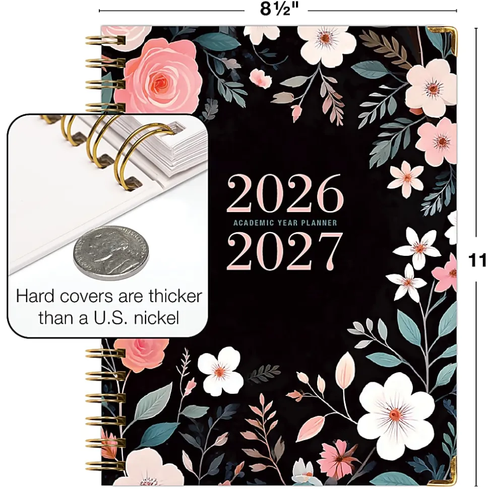 2026-2027 Excello Brands 14-Month Academic Year Hardcover Weekly/Monthly Fashion Planner, 8-1/2" x 11", Black Floral Pink, May To June, Total Qty 1