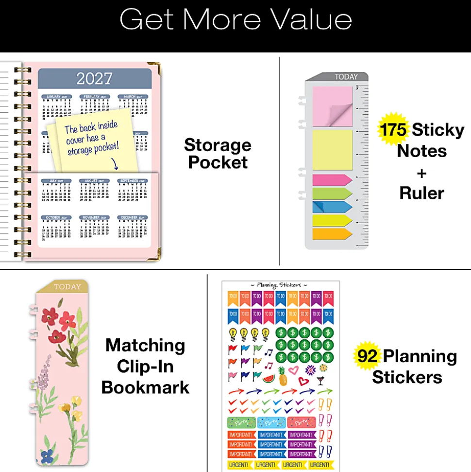 2026-2027 Excello Brands 15-Month Weekly/Monthly Academic Year Large Print Planner, 5” x 8", Pink Gold Numbers, May To June, Total Qty 1