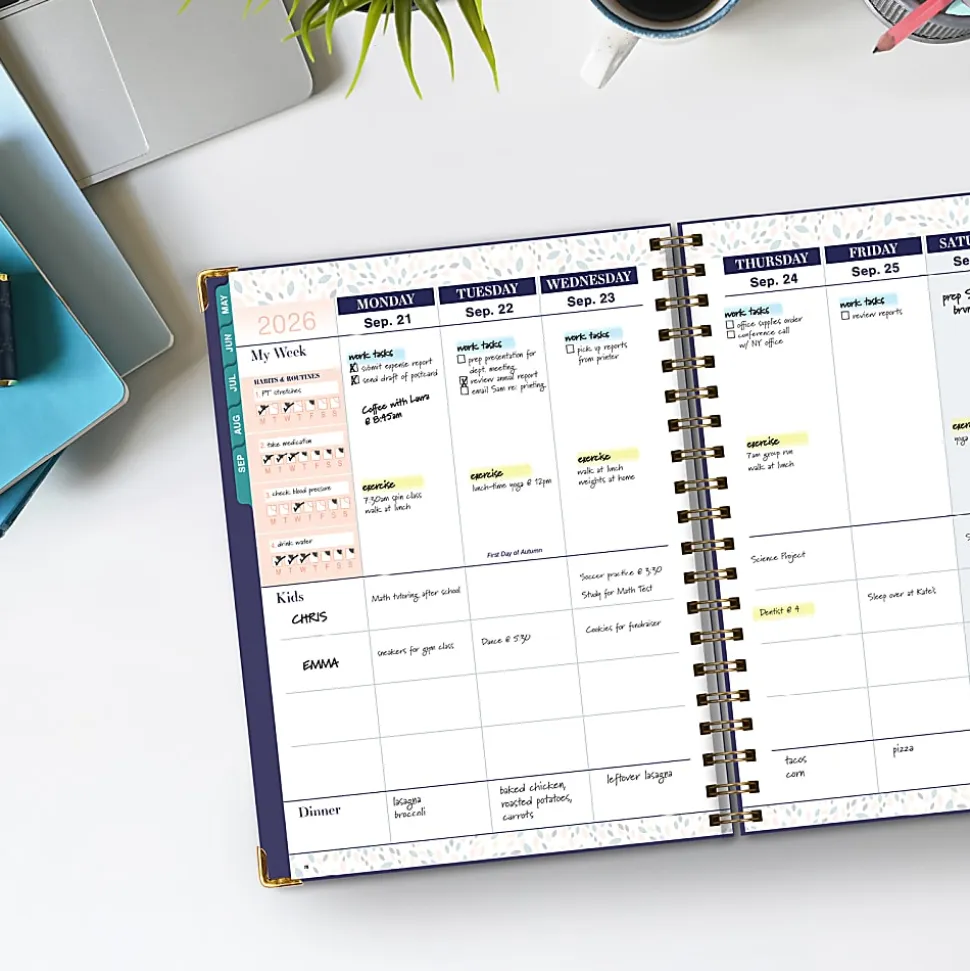 2026-2027 Excello Brands 14-Month Weekly/Monthly Academic Year Family Planner, 8-1/2" x 11", Navy Floral, May To June, Total Qty 1