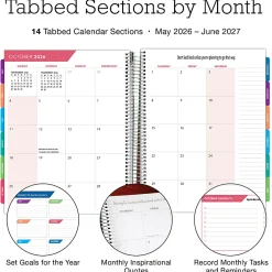 2026-2027 Excello Brands 14-Month Weekly/Monthly Academic Year Deluxe Planner, 8-1/2” x 11", Black Floral Pink, May To June, Total Qty 1
