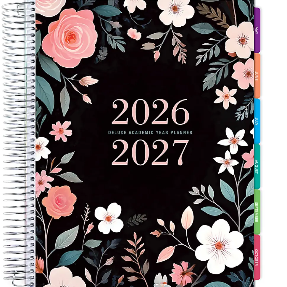 2026-2027 Excello Brands 14-Month Weekly/Monthly Academic Year Deluxe Planner, 8-1/2” x 11", Black Floral Pink, May To June, Total Qty 1