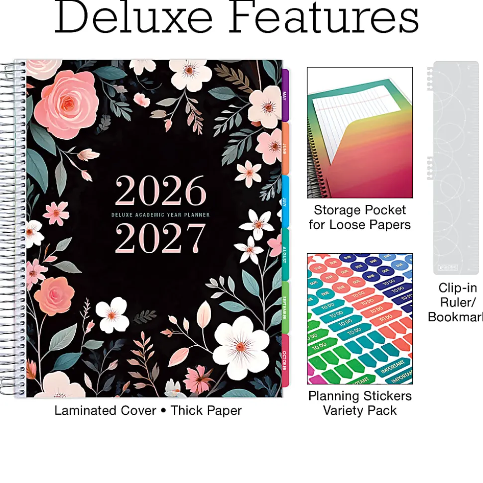 2026-2027 Excello Brands 14-Month Weekly/Monthly Academic Year Deluxe Planner, 8-1/2” x 11", Black Floral Pink, May To June, Total Qty 1