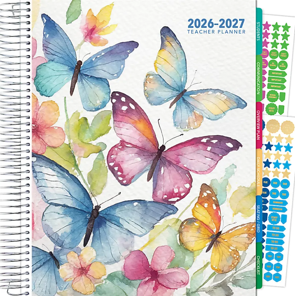 2026-2027 Excello Brands Weekly/Monthly Academic Year Deluxe Teacher Planner, 8-1/2" x 11", Watercolor Butterflies, August To July, Total Qty 1