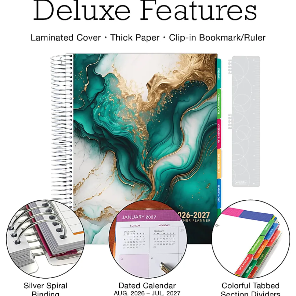 2026-2027 Excello Brands Weekly/Monthly Academic Year Deluxe Teacher Planner, 8-1/2" x 11", Teal Gold Marble, August To July, Total Qty 1