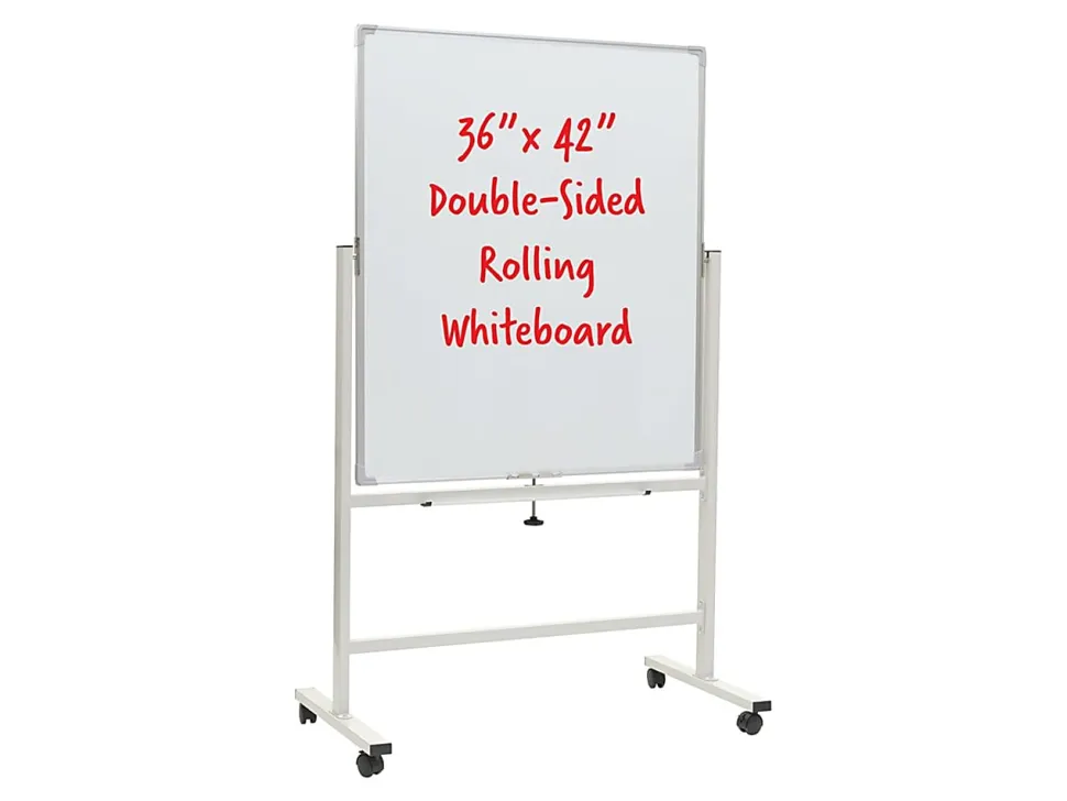 Excello Double-Sided Mobile Magnetic Dry-Erase Whiteboard On Wheels, Steel, 36"x 42", White, Aluminum Frame