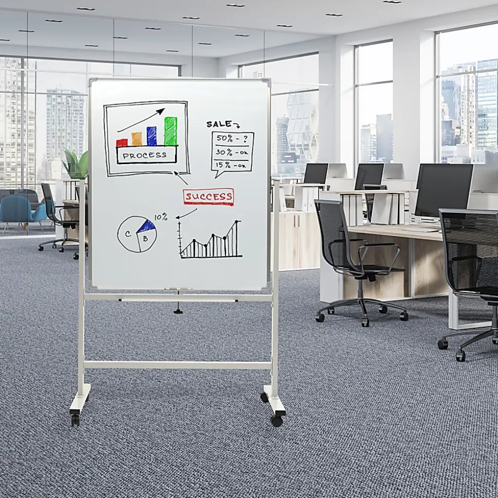 Excello Double-Sided Mobile Magnetic Dry-Erase Whiteboard On Wheels, Steel, 36"x 42", White, Aluminum Frame