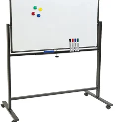 Excello Double-Sided Mobile Magnetic Dry-Erase Whiteboard On Wheels, Steel, 48” x 32”, White, Black Aluminum Frame
