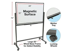 Excello Double-Sided Mobile Magnetic Dry-Erase Whiteboard On Wheels, Steel, 48” x 32”, White, Black Aluminum Frame