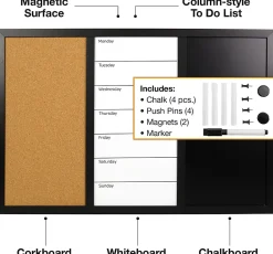 Excello Global Products Magnetic Dry-Erase Whiteboard/Chalk/Cork Combo Board, Aluminum, 15-1/2" x 23-1/2", Black Wood Frame