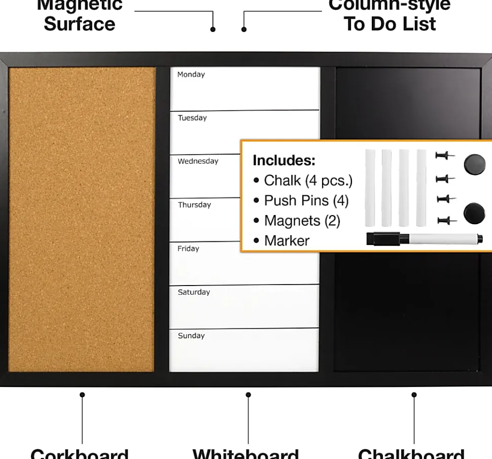 Excello Global Products Magnetic Dry-Erase Whiteboard/Chalk/Cork Combo Board, Aluminum, 15-1/2" x 23-1/2", Black Wood Frame