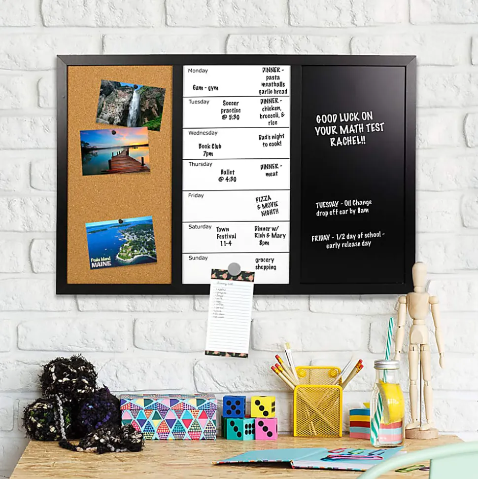 Excello Global Products Magnetic Dry-Erase Whiteboard/Chalk/Cork Combo Board, Aluminum, 15-1/2" x 23-1/2", Black Wood Frame