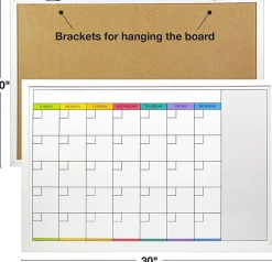 Excello Global Products Magnetic Dry-Erase Monthly Calendar Whiteboard, Porcelain, 20" x 30", White Wood Frame