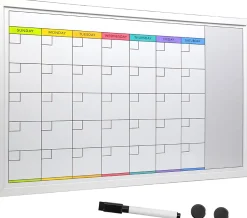 Excello Global Products Magnetic Dry-Erase Monthly Calendar Whiteboard, Porcelain, 20" x 30", White Wood Frame