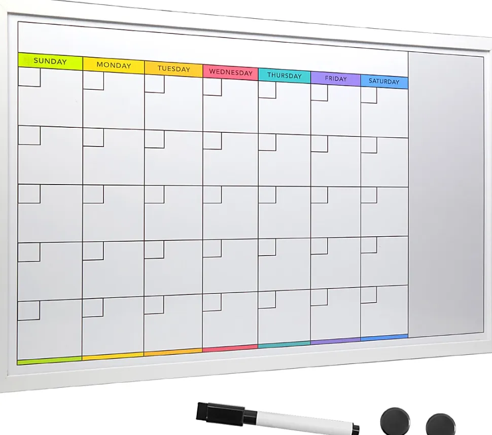 Excello Global Products Magnetic Dry-Erase Monthly Calendar Whiteboard, Porcelain, 20" x 30", White Wood Frame