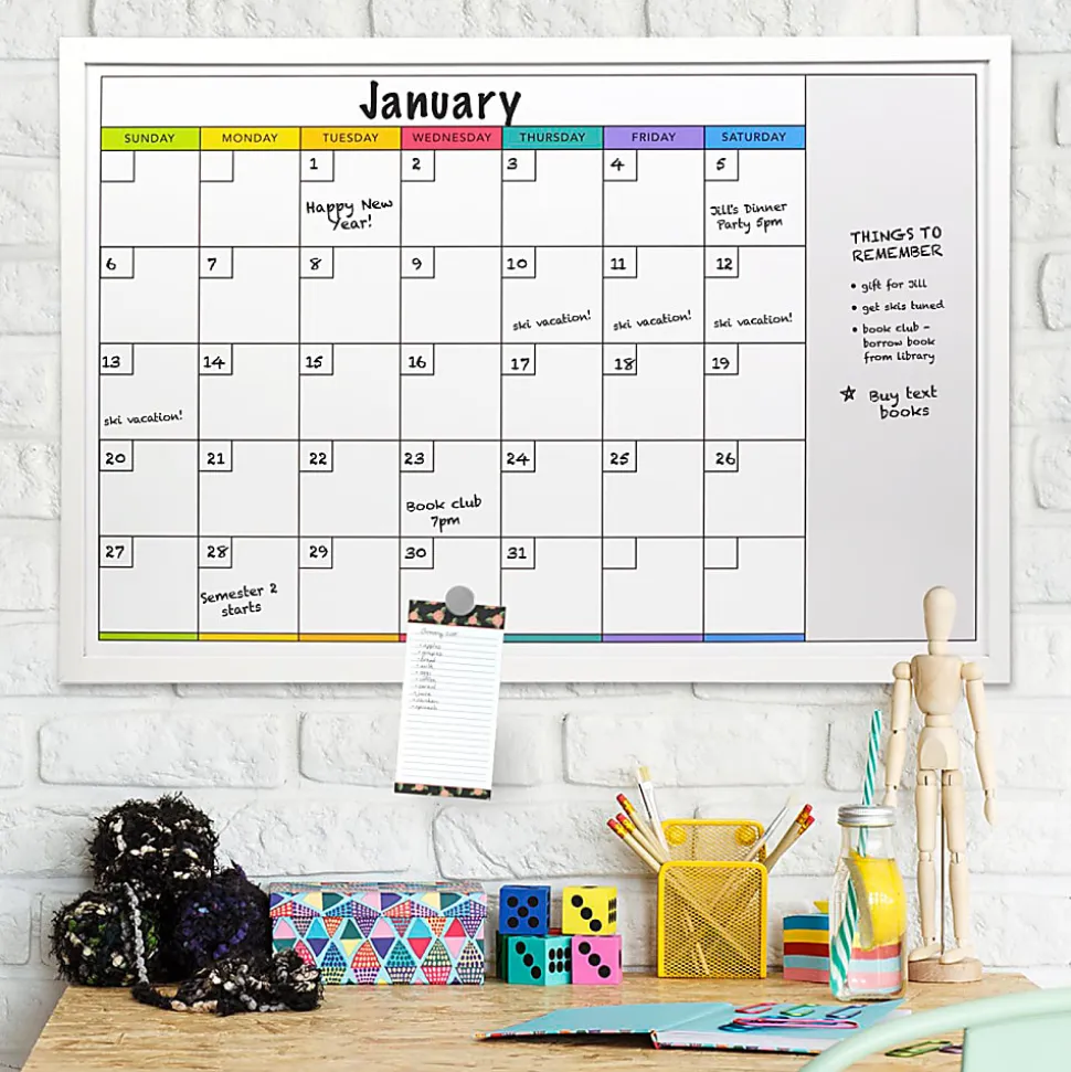Excello Global Products Magnetic Dry-Erase Monthly Calendar Whiteboard, Porcelain, 20" x 30", White Wood Frame